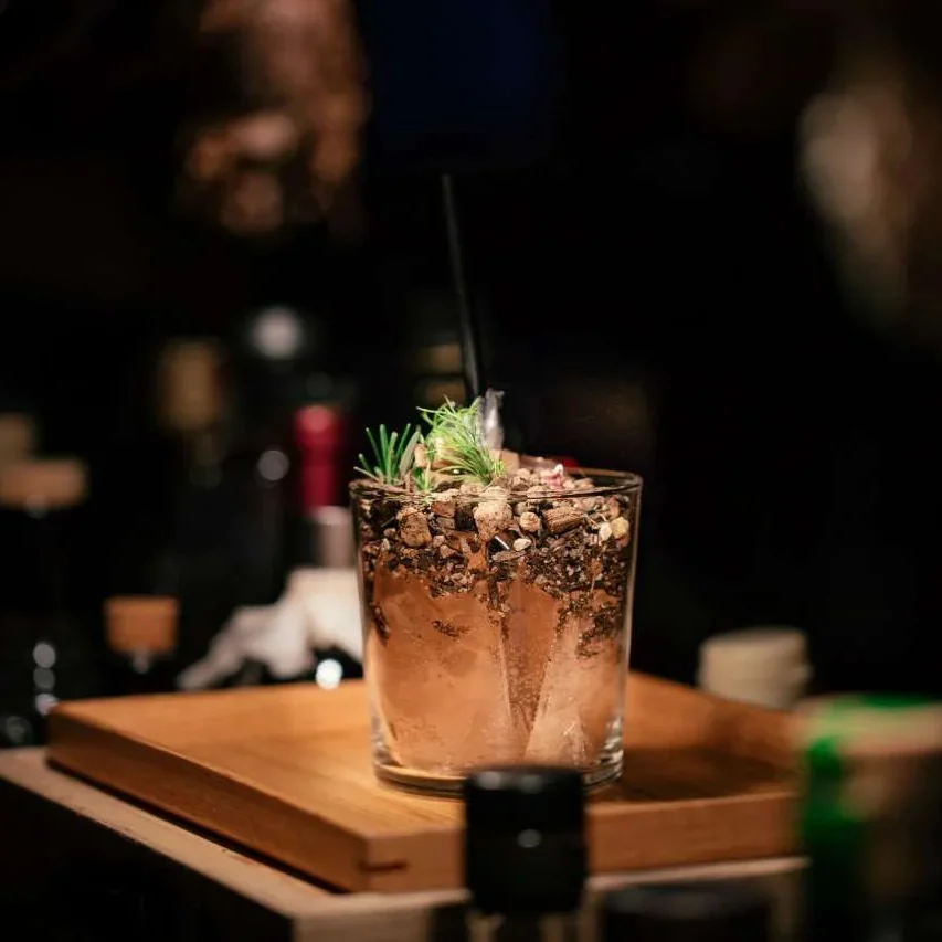 Unique cocktail presentation with garnish